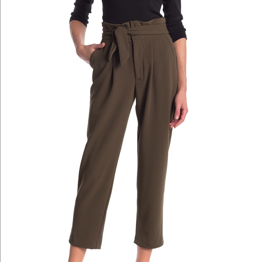 Olive Green Paper Bag Tie Waist Cropped Pants